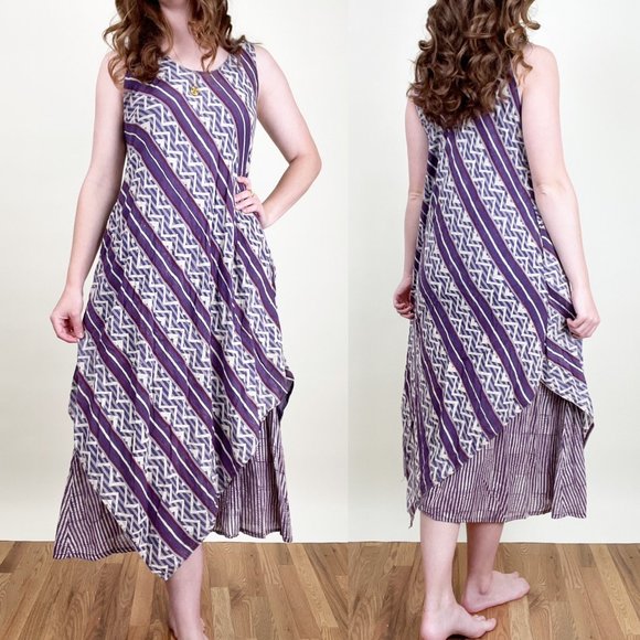 Vintage Anokhi Block Print Boho Lagenlook Midi Dress Relaxed Fit Slip 70's 80's - Picture 1 of 5